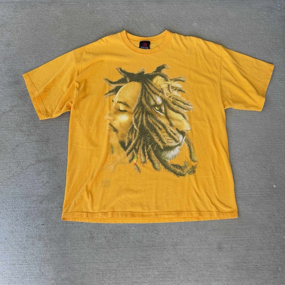 Vintage‎ Zion Rootswear Bob Marley Lion Graphic T-Shirt Men's 2XL Yellow Reggae